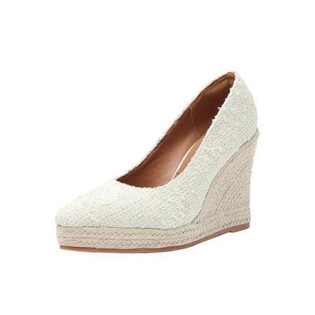 

Ymiytan Women Espadrilles Pointed Toe Dress Shoe Comfort Wedge Pumps Shoes Walking Non-Slip Casual Slip On Wedges White 5