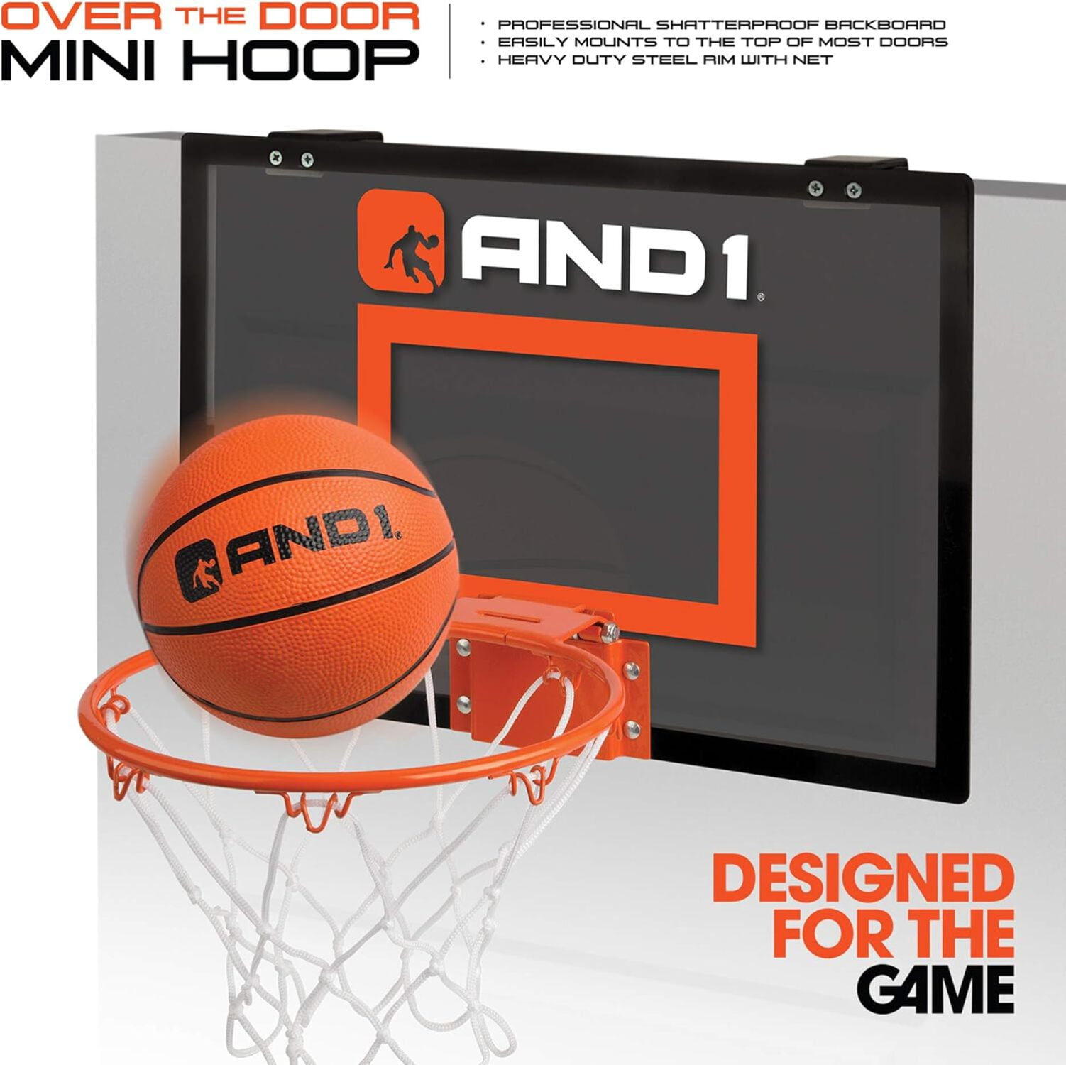 AND1 Over the Door Mini Basketball Hoop Set, 18"x12" Shatterproof Backboard, 1 Mini Basketball, No Tools Indoor Use