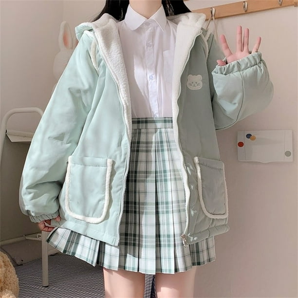 Japonais Doux Loli Fille Manteau Kawaii a Capuche Ours Oreille Mignon Fermeture a Glissiere Double Face Pleine Manche Laine d Agneau Garder Chaud Epaissir Outerweat Walmart