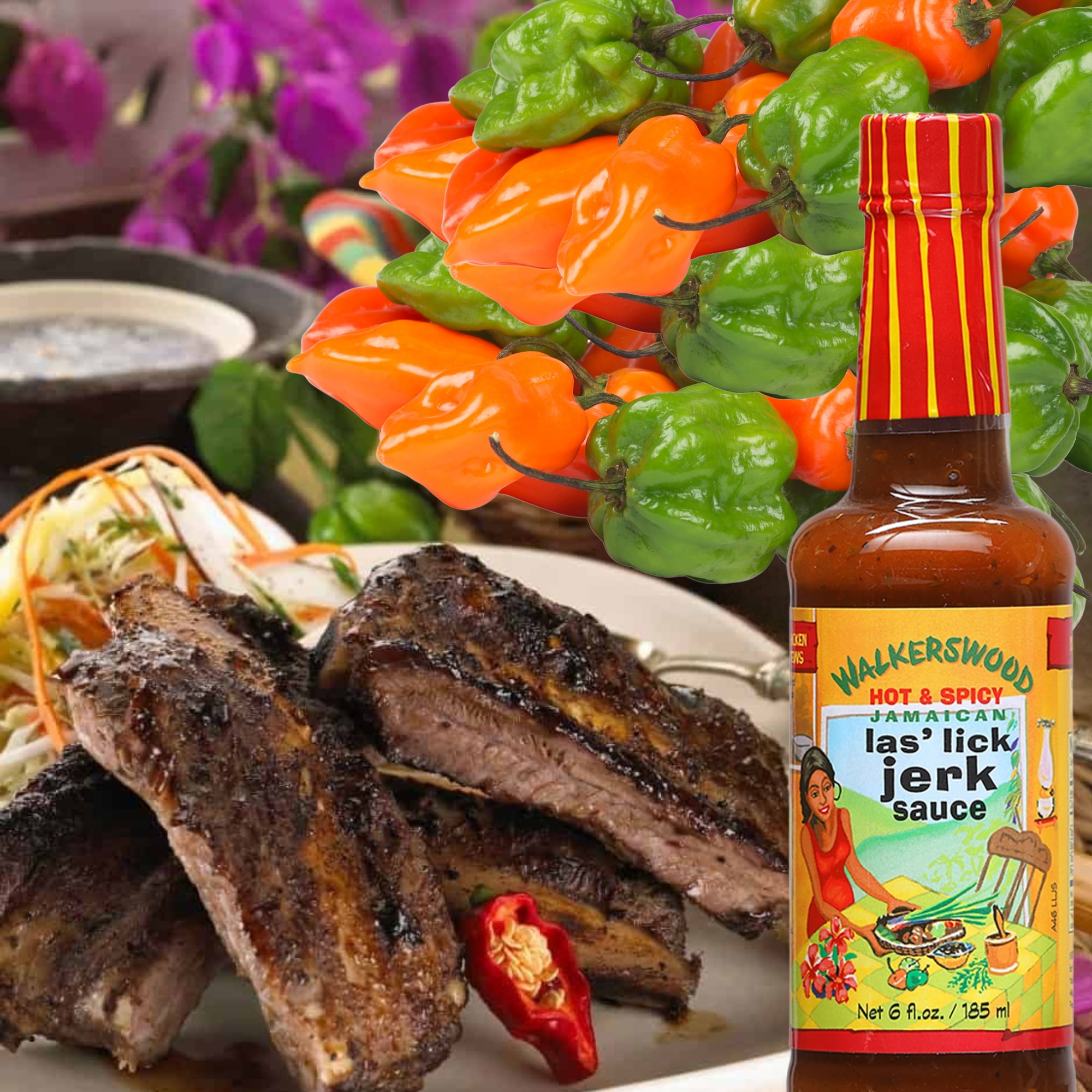 Walkerswood Las' Lick Jerk Sauce 6 Fl Oz Pack of 3, Hot & Spicy Jamaican Seasoning, Authentic Caribbean Marinade Table Sauce for Chicken Meat Seafood BBQ Grilling w/ Snoep in Beperkte Oplage