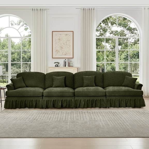Elegant Mid Century 4 Seater Chenille Sofa Couch in Green | Two Styles w/ Removable Ruffles | Comfy Flared Arms, Spindle Legs for Living Room