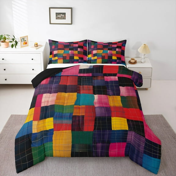 Manfei Vintage Square Geometric Bedding Comforter Set, Colorful Abstract Twin Comforter Sets, Teen Child Adult Reversible Bedding Set, Ultra Soft Home Decor, 2pcs