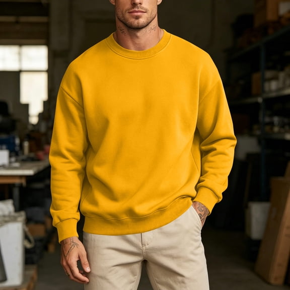 Men's Fleece Lined Sweatshirt, Solid Color Crew Neck Long Sleeve Pullover, Warm No Hood Sweatshirt For Spring & Fall Casual Wear Yellow Xxs
