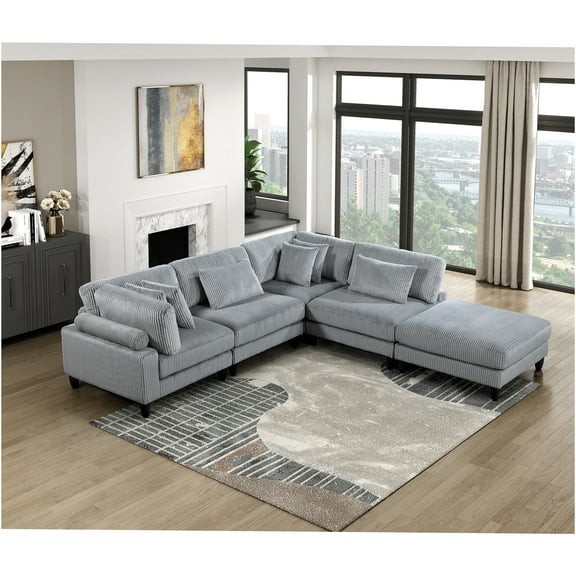 JERFIT Modern Gray Corduroy 5-Piece Modular Sectional Sofa Set with Ottoman and Pillows for Living Room