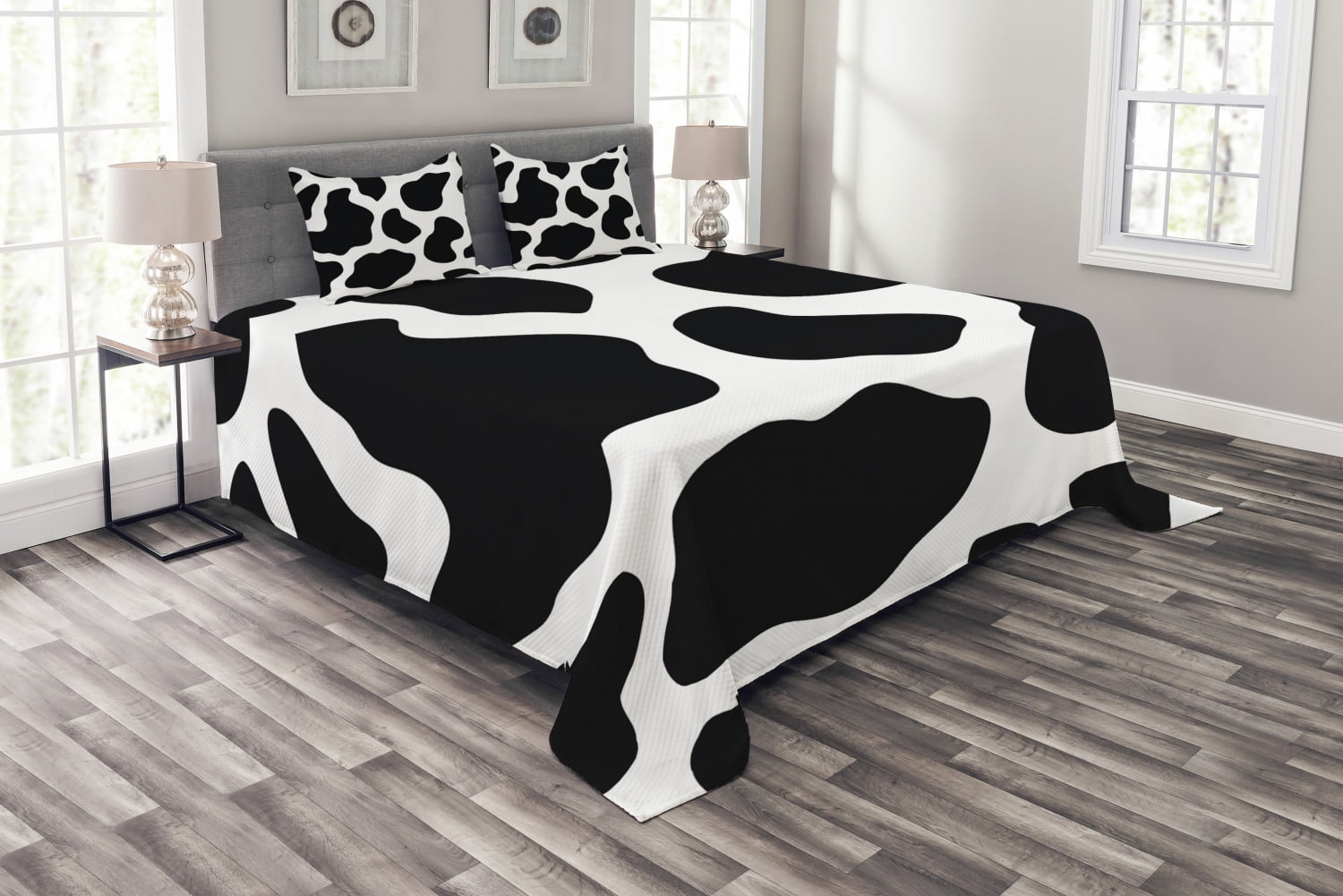Cow Hide Black Spots Print Cow Print Quilted Bedspread & Pillow Shams Set 