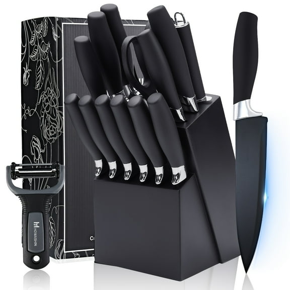 Guang Sheng Pu Knife Set, 15pcs Knife Sets for Kitchen with Block, Kitchen Knife Set with Built In Sharpener Block, Stainless Steel Knife Block Set, Black
