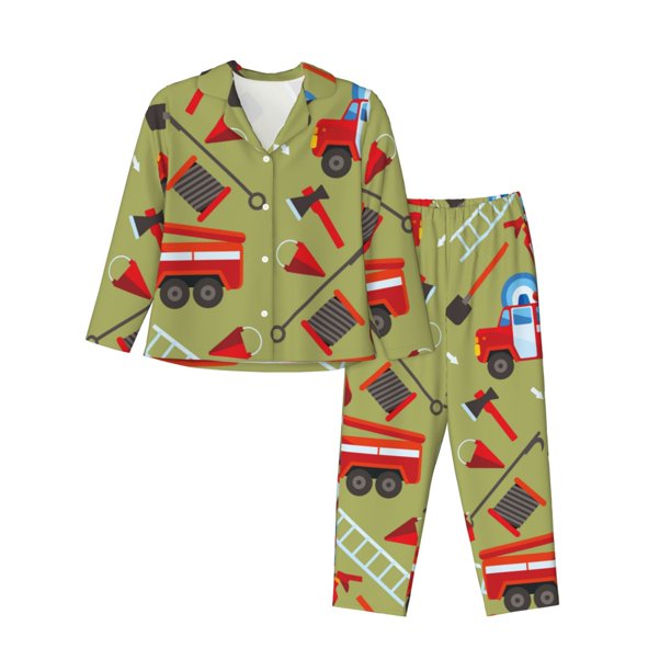 Balery Cartoon Fire Truck Conjunto de Pijama con Estampado para Mujer, Conjunto de Dos Piezas con Manga Larga, Ropa de Dormir Suave con Bolsillos, Pijamas Cómodos-XX-Large