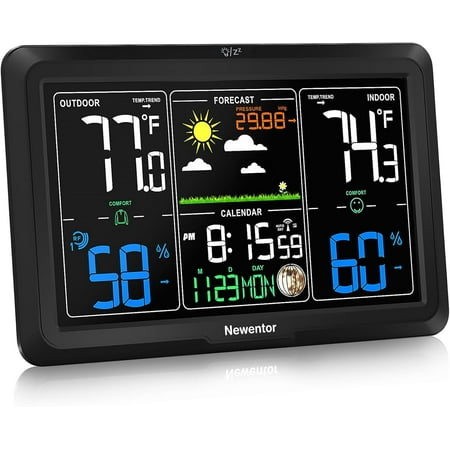 Weather Station Wireless Indoor Outdoor, Indoor Outdoor Thermometer Wireless, 7.5" Home Weather Stations with Atomic Clock, Temperature Humidity Gauge, Weather Forecast and Barometer, Black