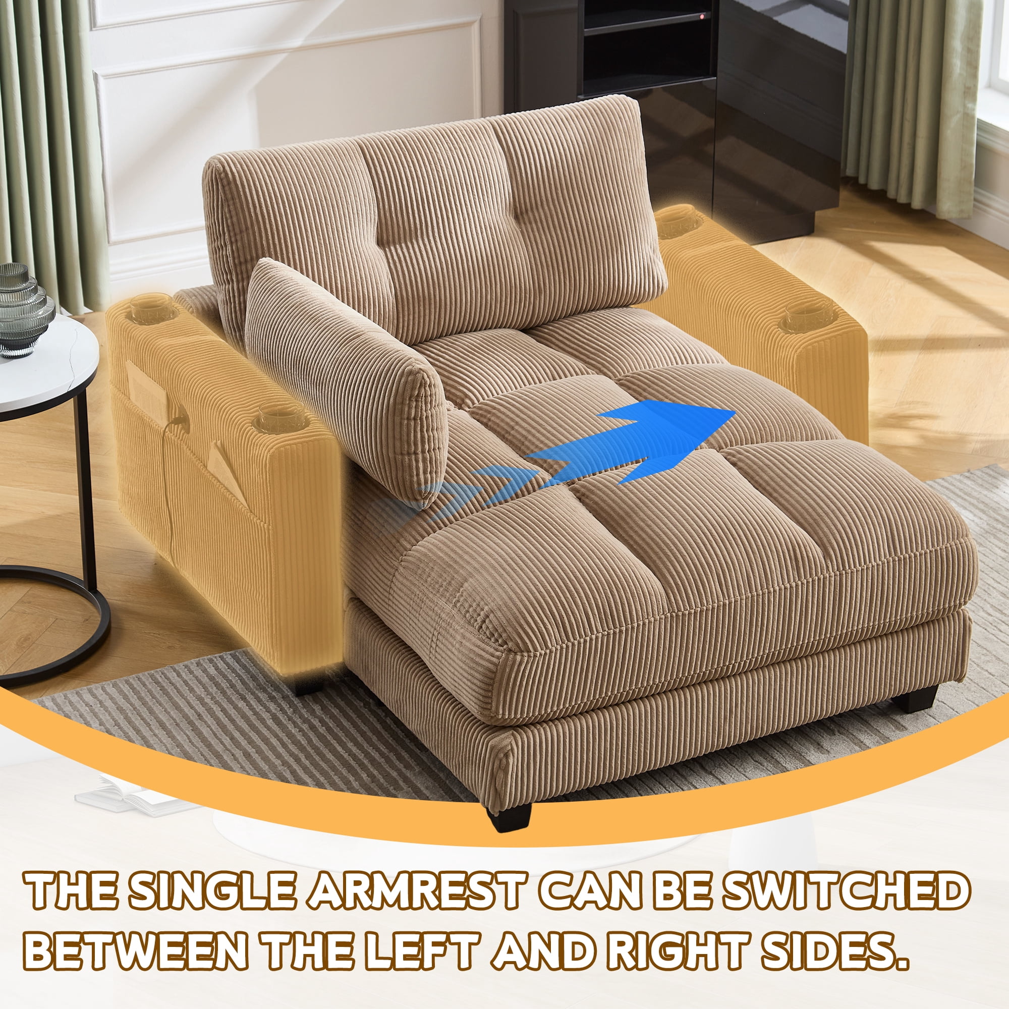 MOONMISS Corduroy Upholstered Soft Deep Seat Sofa with USB,Type-C&2 Cup Holders-Khaki