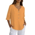 thumbnail image 3 of Women's Cotton Linen Tops Casual 3/4 Sleeve Button Down V Neck Blouses Lightweight Breathable Loose Fit Summer Vacation Shirts for Women Orange L, 3 of 9