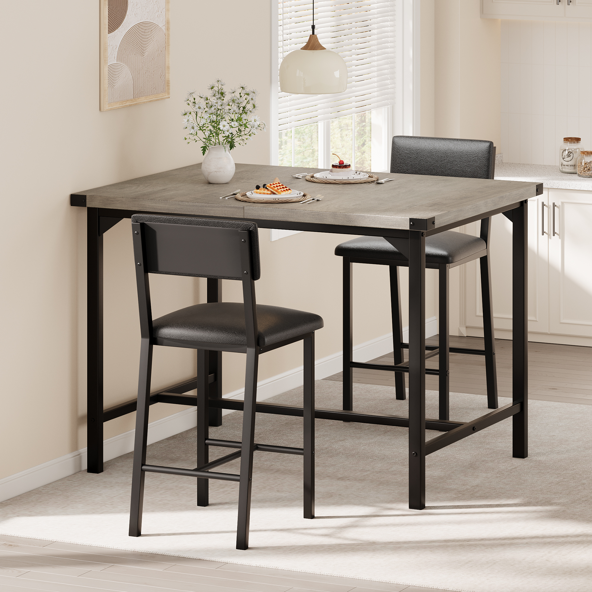 3-Piece Counter Height Dining Table Set for 2 – Includes Upholstered Bar Chairs with Backrest, Footrest, and Corner Protector – Perfect for Small Kitchens, Dining Rooms, Apartments