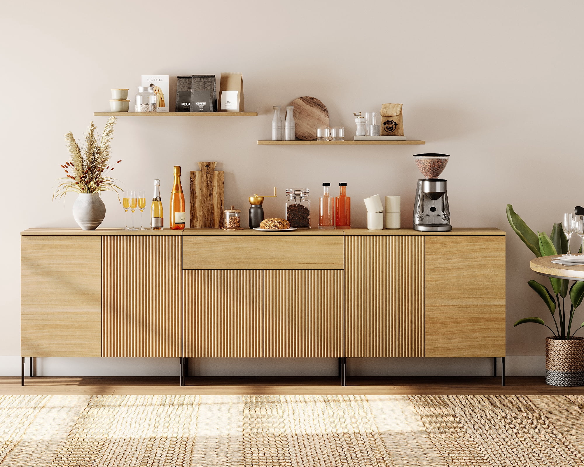 94.5" Modern Reeded 6-Door Sideboard with Drawers, 3-In-1 Wooden Credenza Storage Cabinet for Kitchen, Dining Room