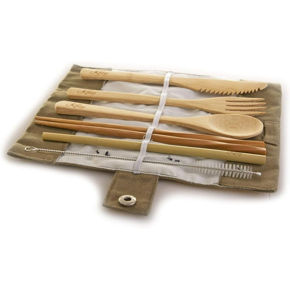 Reusable Bamboo Cutlery Set – Fork, Spoon, Knife, Chopsticks, Straw, Cleaning Brush with Green Pouch | Zero Waste, Plastic-Free, Eco-Friendly Travel Utensils