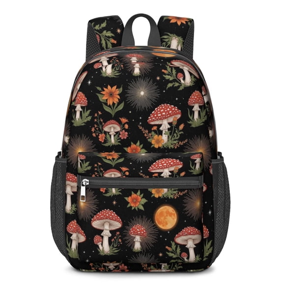Mushroom and Moon Black Pattern 17" School Backpacks for Teens,Waterproof Oxford Fabric,S-Shape Padded Straps for School,Travel,Hiking,Camping