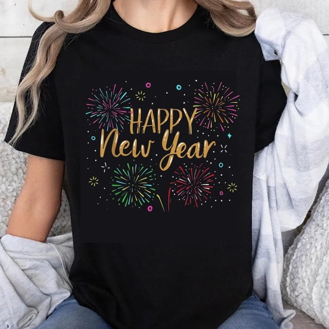 Playera de Algodón 100% Año Nuevo con Diseño de Fuegos Artificiales para Mujer - Regalo de Fiesta Casual