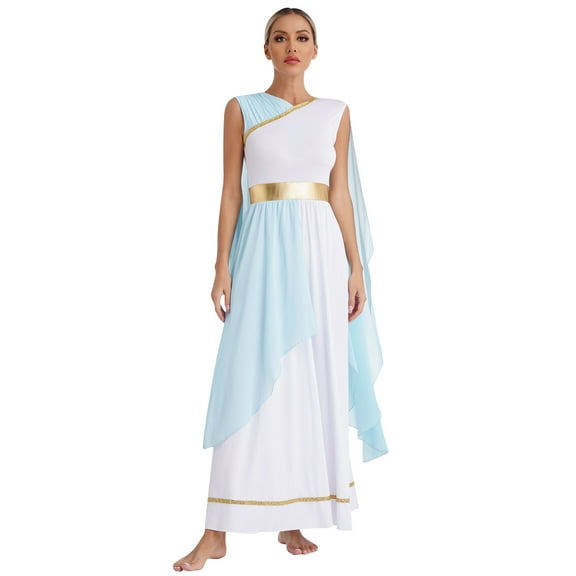 XUNZOO Women's Ancient Greek God Dress Greece Queen Toga Maxi Gown Dancewear Light Blue XL