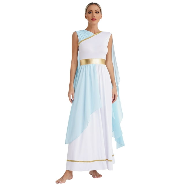 XUNZOO Costume Romain Ancien pour Femmes Manches Courtes en Chiffon Robe de Danse Fête Toga Grecque Robe Reine Bleu Clair m