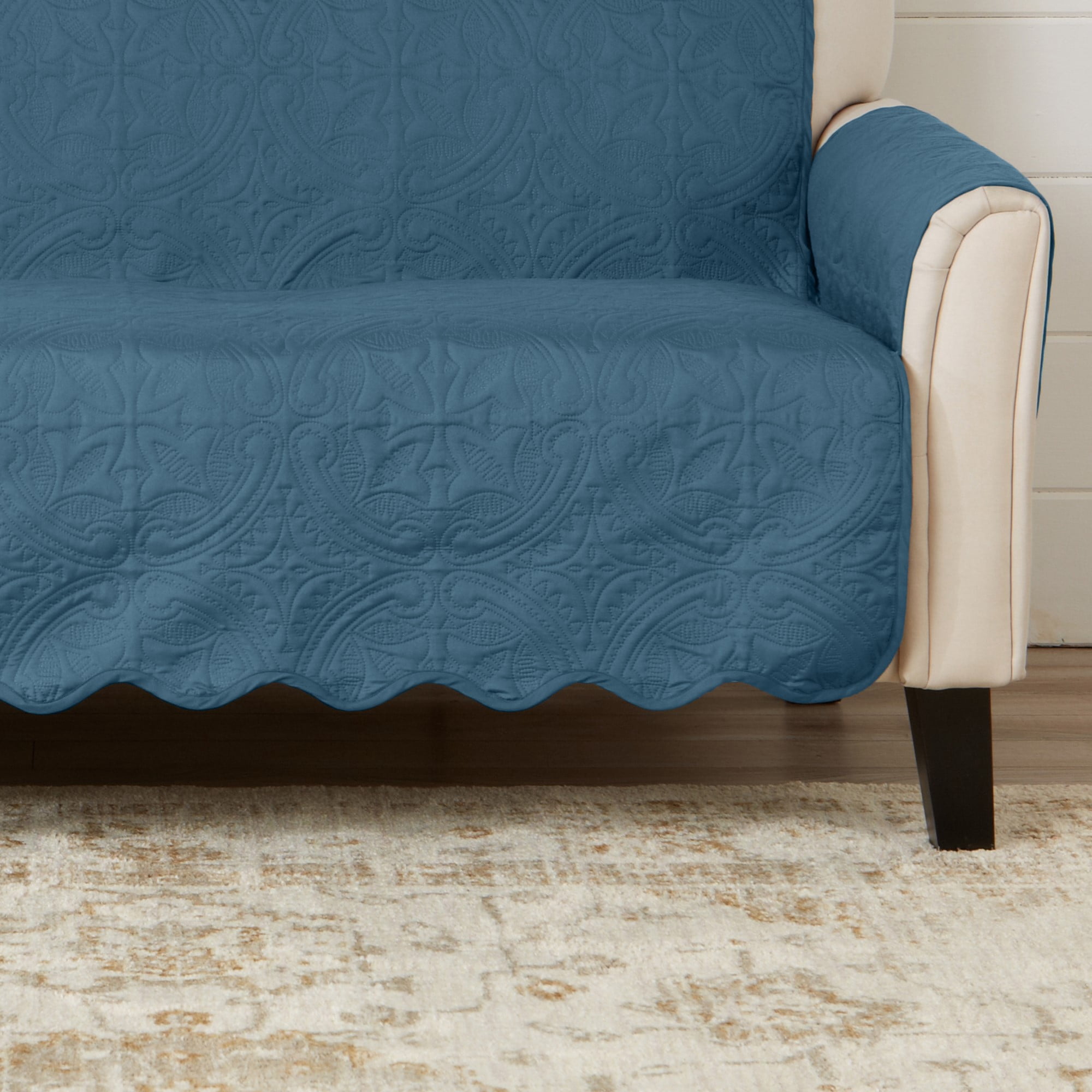Reversible Quilted Furniture Protector, Machine Washable Slipcover, Sofa, Smoke Blue / Ivory