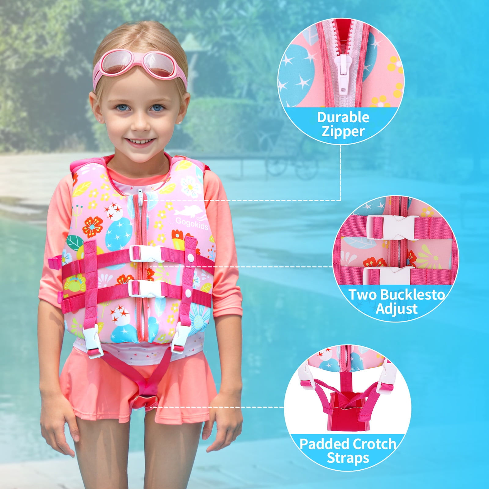 Gogokids Kids Swim Vest Life Jacket Flotation Swimming Aid with Adjustable Safety Strap,Flower Pink