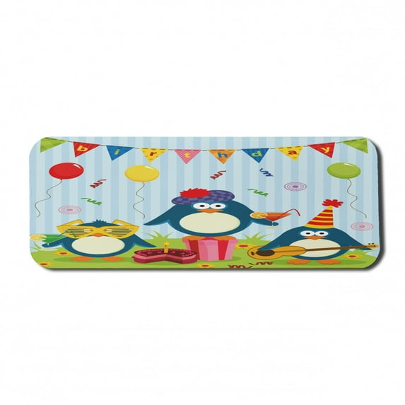 Birthday Computer Mouse Pad, Cartoon Style Penguin Party with Flags Cakes and Surprise Box Theme, Rectangle Non-Slip Rubber Mousepad Large, 31" x 12", Fern Green and Pale Blue, by Ambesonne