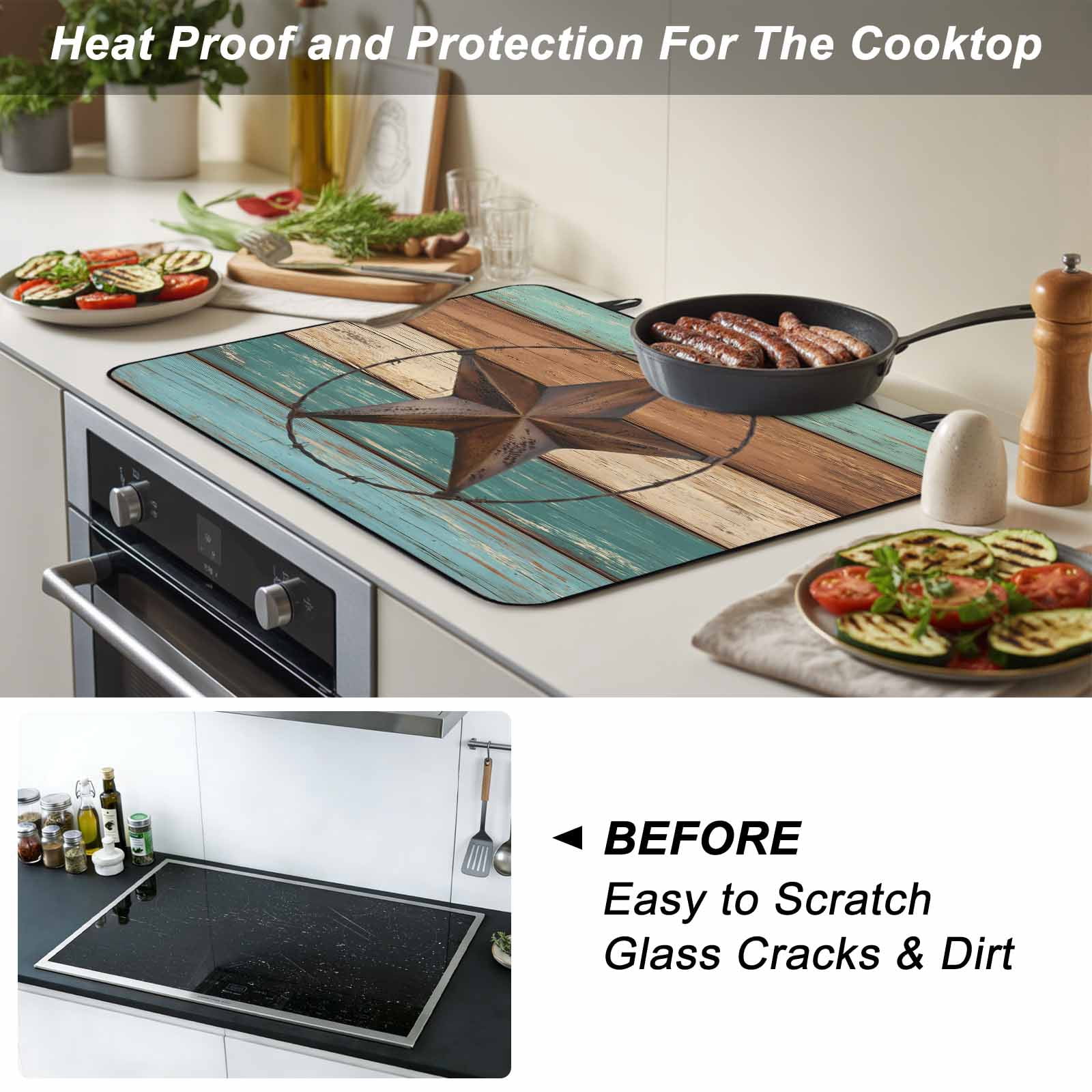 Teal Brown Stove Top Cover for Electric Stove, Heat-proof & Non Slip Glass Top Stove Cover Protector, Country Texas Star Farmhouse Barn Door Wood Kitchen Flat Cooktop Rubber Mat 24x21 Inches