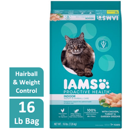 Iams ProActive Health Adult Indoor Weight & Hairball Care with Chicken, Turkey, and Garden Greens Dry Cat Food, 16