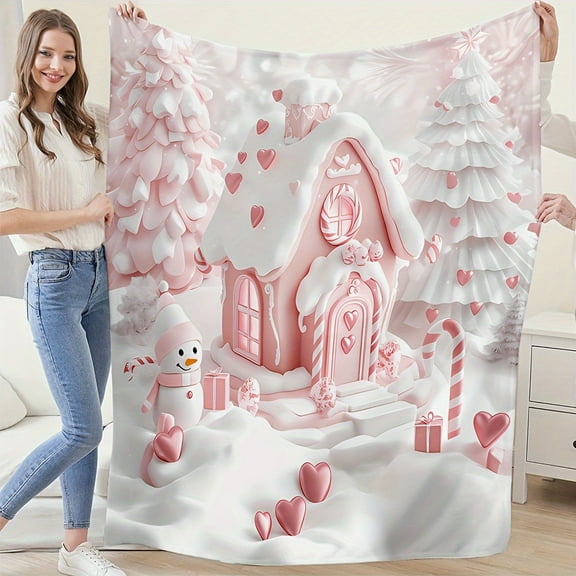 Cozy Christmas Pink Gingerbread House & Snowman Tree Throw Blanket - Reversible Super Soft Flannel Fleece, All-Season Pastel Pink with White Snowflakes & Candy Canes Design, Multipurpose Bedspread, C