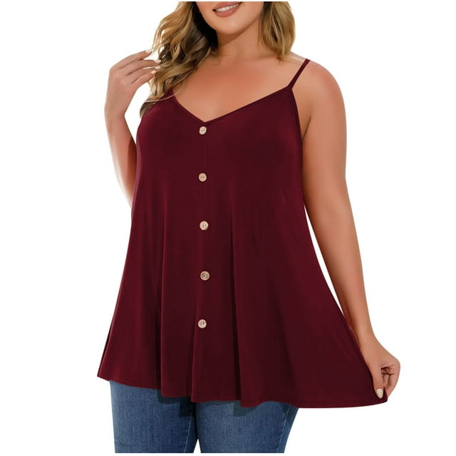 Womens Plus Size Flowy Camisoles Summer Buttons Spaghetti Strap Tank Tops Loose Trendy Sleeveless Tops Wine, L
