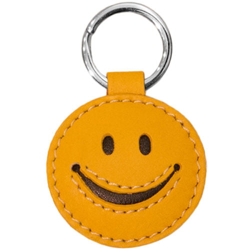 SMILEY FACE SMILE SMILY HAPPY BADGE KEYRING BLACK BROWN LEATHER KEY FOB 
