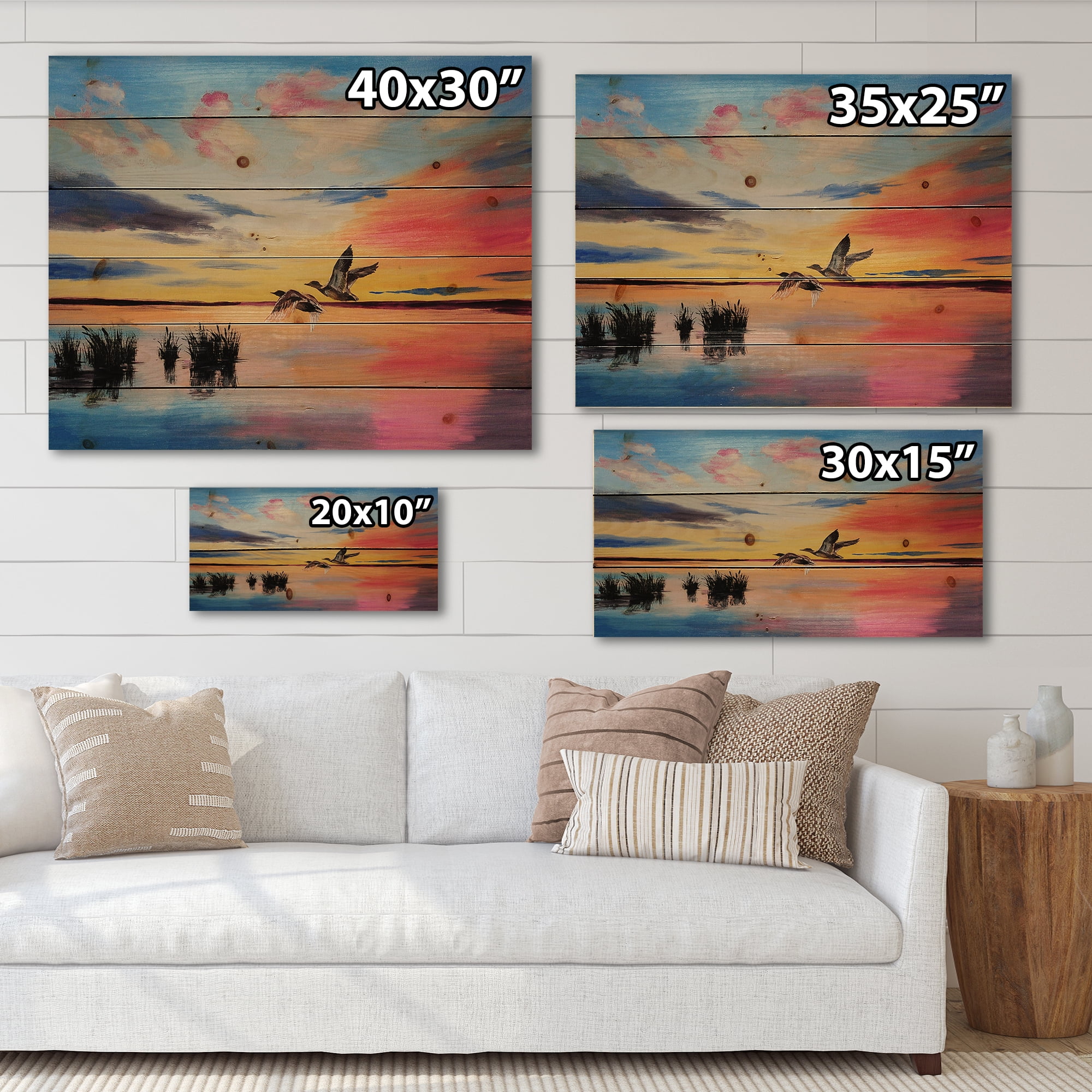 Designart 'Crane Birds Flying During Colorful Sunset' Nautical & Coastal Print on Natural Pine Wood