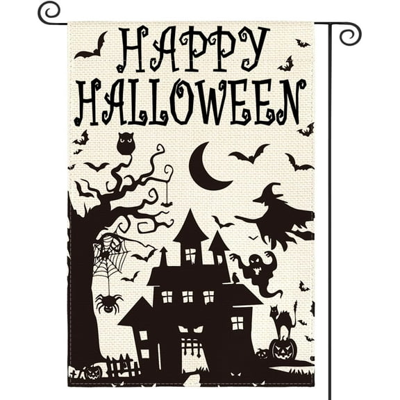 Shmbada Happy Halloween Garden Flag 12x18 Inch Double Sided Outside, Haunted House Bat Witch Ghost Yard Outdoor Decorative Flag