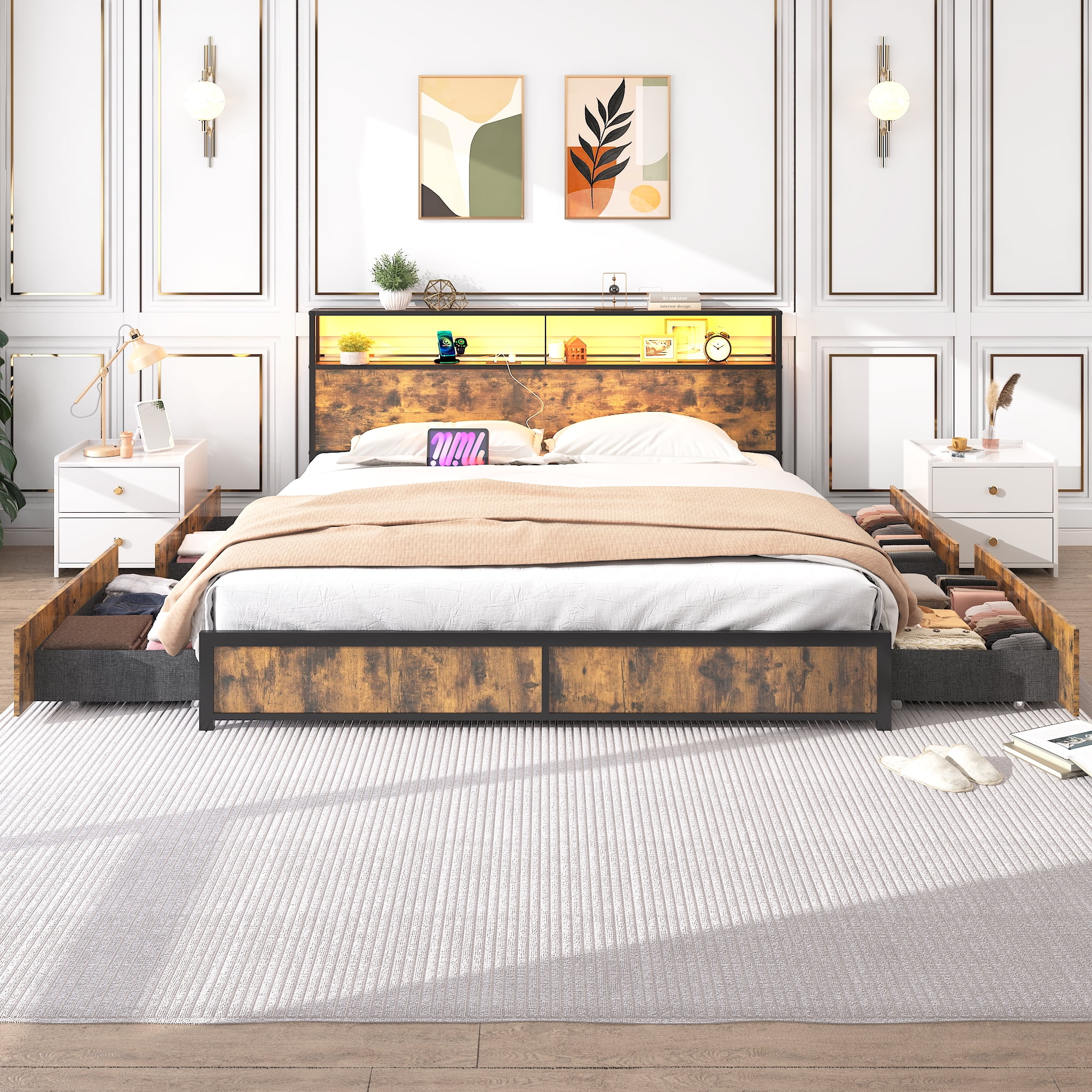 King Bed Frame with LED Lights Headboard and 4 Drawers, Platform Metal Bed Frame with Power Charging Station and USB Ports, No Box Spring Needed, Noise-Free