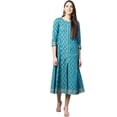 thumbnail image 1 of Yash Gallery Women's Cotton Gold Print Anarkali Kurta (Teal Blue), 1 of 5