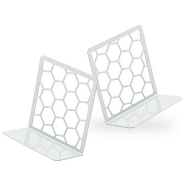 Premium Geometric Gray Honeycomb Bookends for Shelves, Metal Book Ends for Office, L-Shaped Book Stopper, Rustproof Bookends Decorative Unique for Home, 6.25 (L) x 6 (W) inches, 1 Pair - Geomod