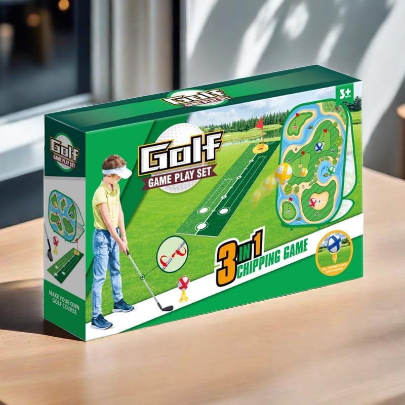 Toddler Golf Set, Golf Chipping Game,4-In-1 Kids Sticky Golf Games Set With Club, Golf Putting Practice Mat,3-Sided Golf Chipping Net,Golf Cornhole Board Set,Indoor Outdoor Golf Toys For Kids & Adult