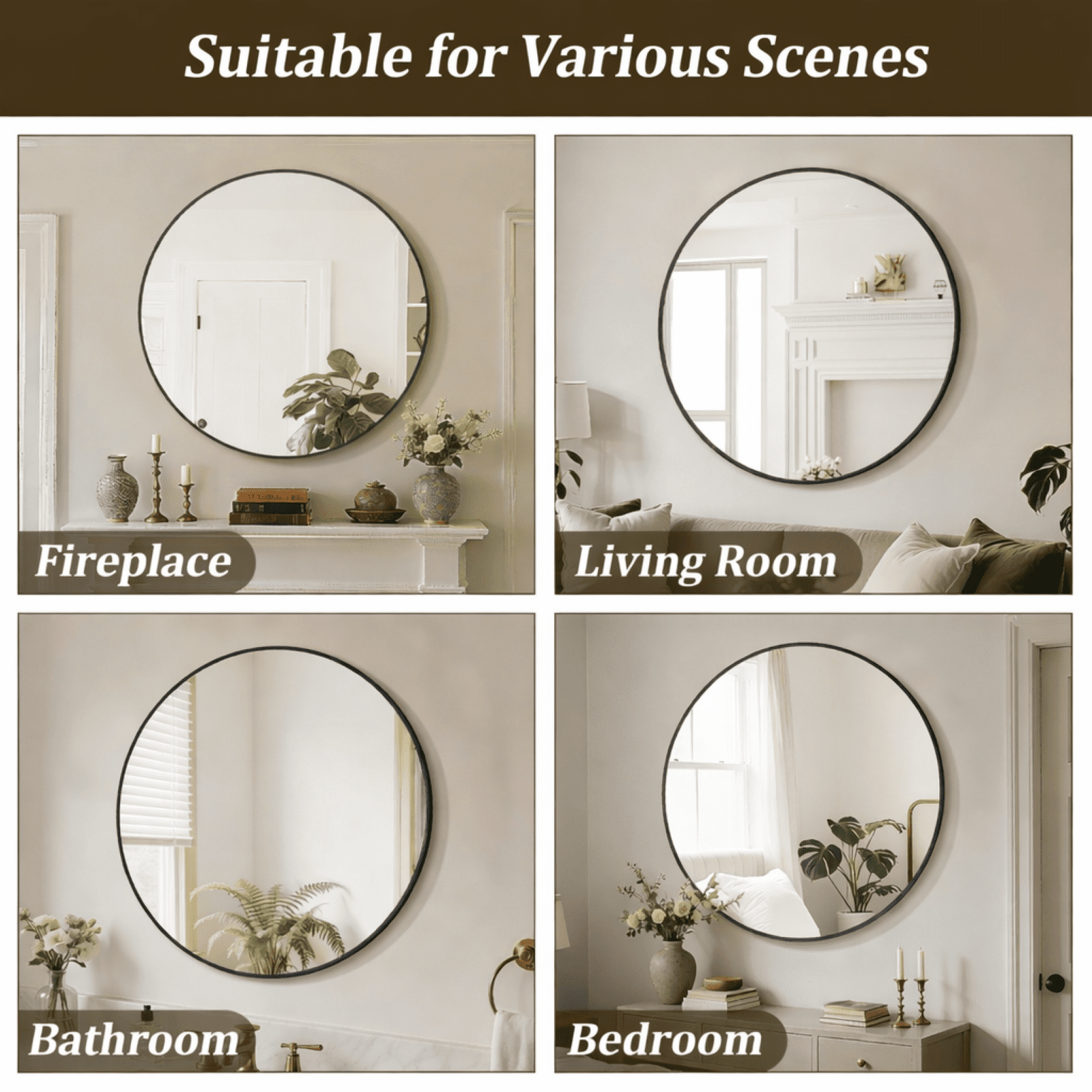 AUROMIR‌ 30" Bathroom Mirror Round Mirror Wall Vanity Mirror with Metal Frame, Black