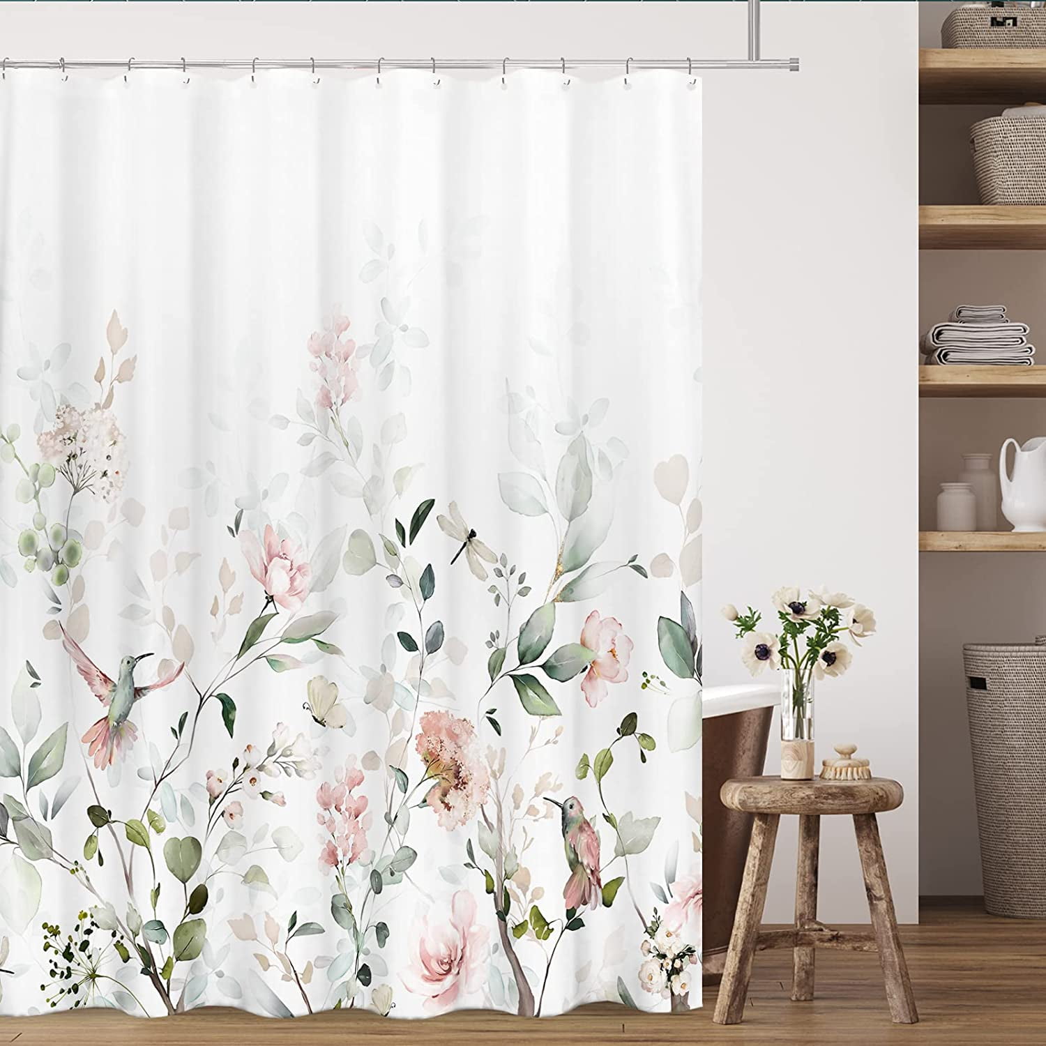 Aesthetic Blooming White Floral Shower Curtain Sets, Watercolor Pink Flowers Birds Butterflies Tropical Bathroom Decorative 71 X 84 Inch Polyester Waterproof Fabric Bath Curtain with Hooks