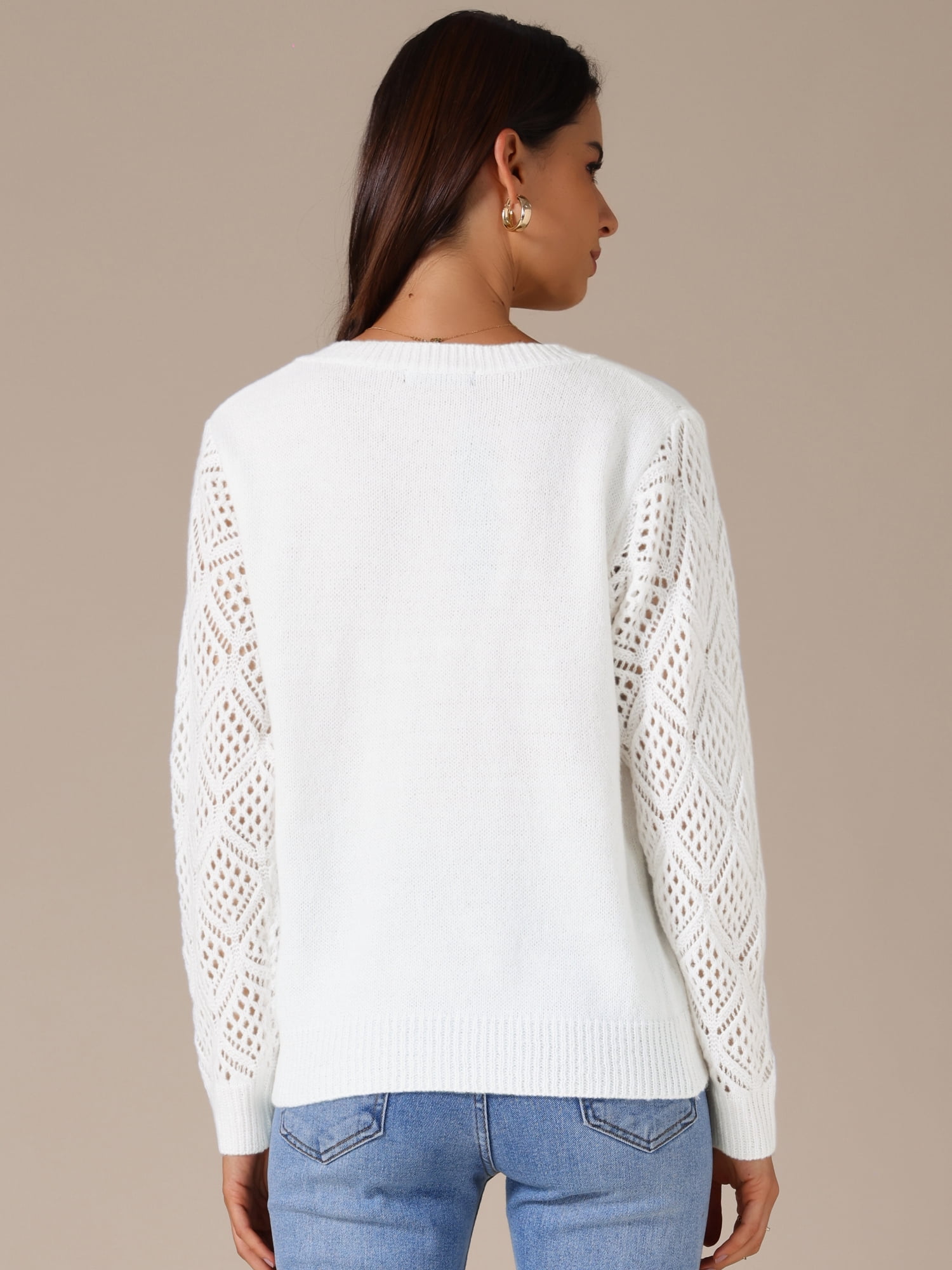DARING DIVA Women's V Neck Hollow Out Long Sleeve Crochet Sweater Tops XL White