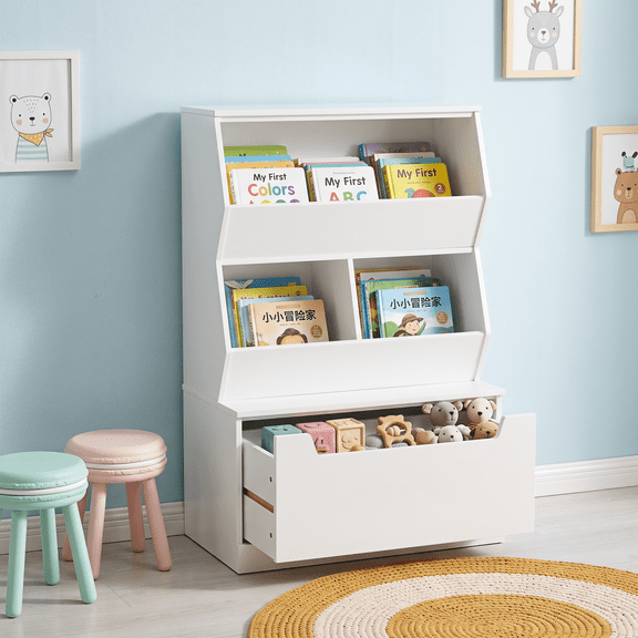 PAWON Kids Bookshelf and Toy Storage Organizer with Open Bins and Bottom Drawer, White