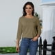 thumbnail image 5 of Top casual de color sólido con cuello redondo y manga tres cuartos para mujer Caqui/XL, 5 of 9