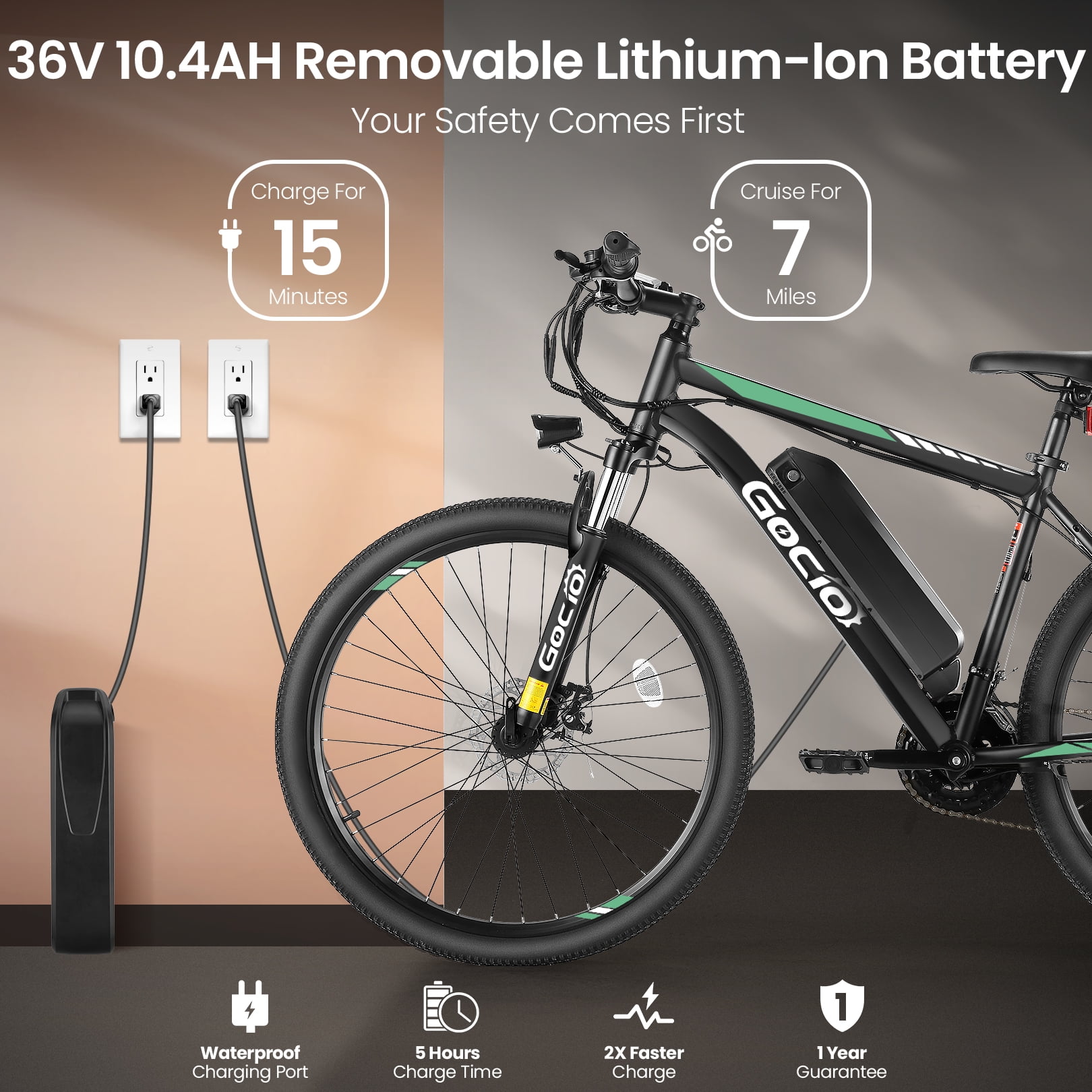 Gocio 26" Electric Bike, 350W Electric Bike for Adults 19.8MPH Electric Mountain Bike, LCD, Lockable Suspension Fork, 374.4Wh 36V Battery UL2849 Certified, 21-Speed E-Bikes Adult Electric Bicycle