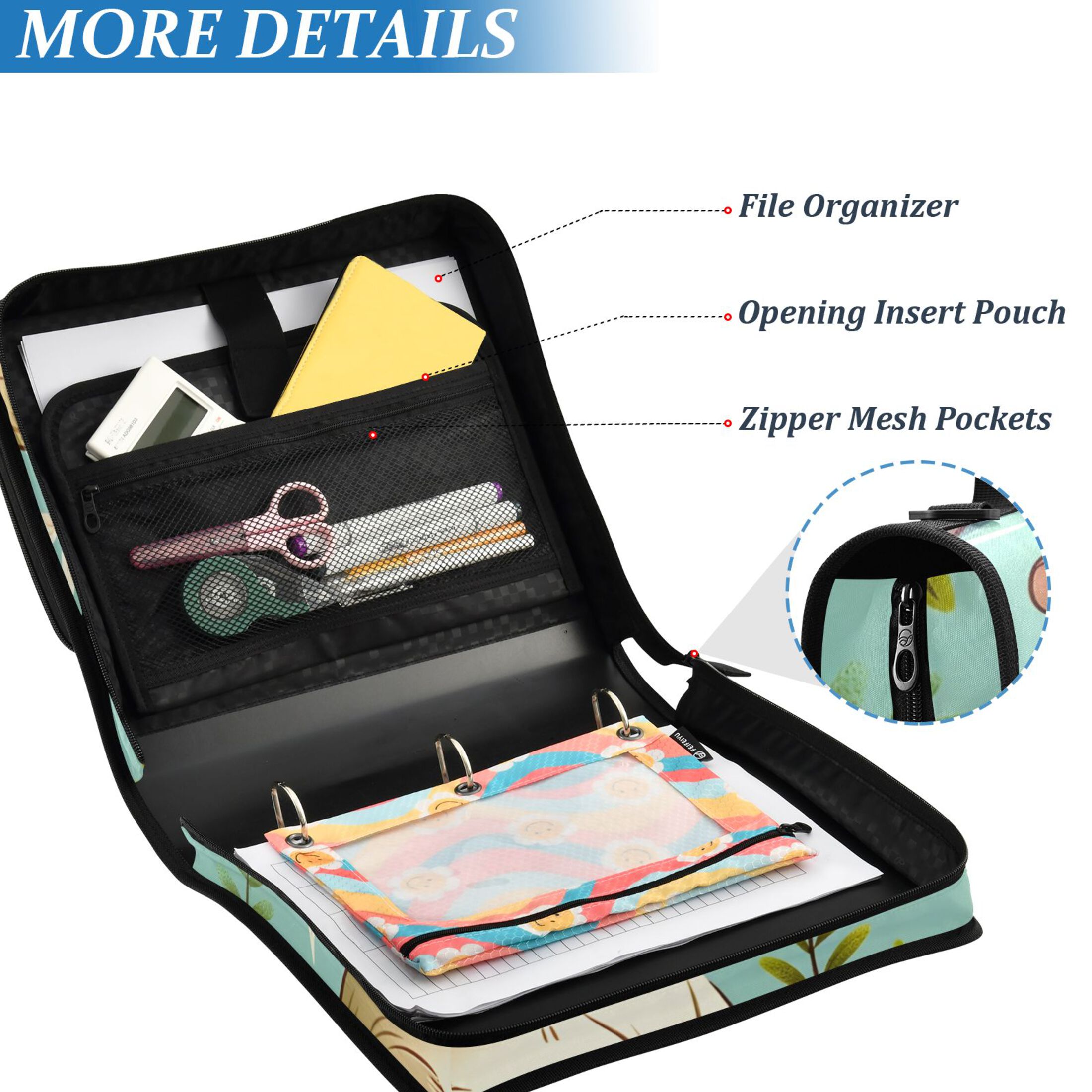 3 Ring Zipper Binder with Shoulder Strap Waterproof Trapper Keeper 2 Inch D-Ring 500 Sheets Capacity Cute Capybara and Leaf
