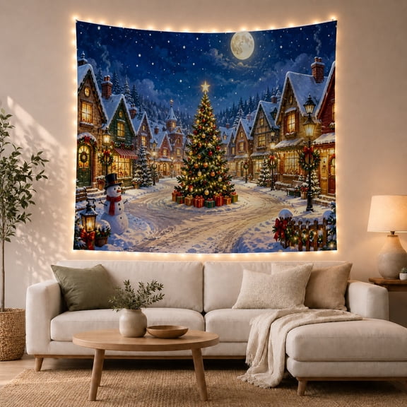 Moon Stars Snow with Covered Village Square Clear, Mystical Fantasy for Space Lovers, Galaxy Room Decor, Christmas Gift, Tapestry Wall Hanging for Bedroom and Dorm