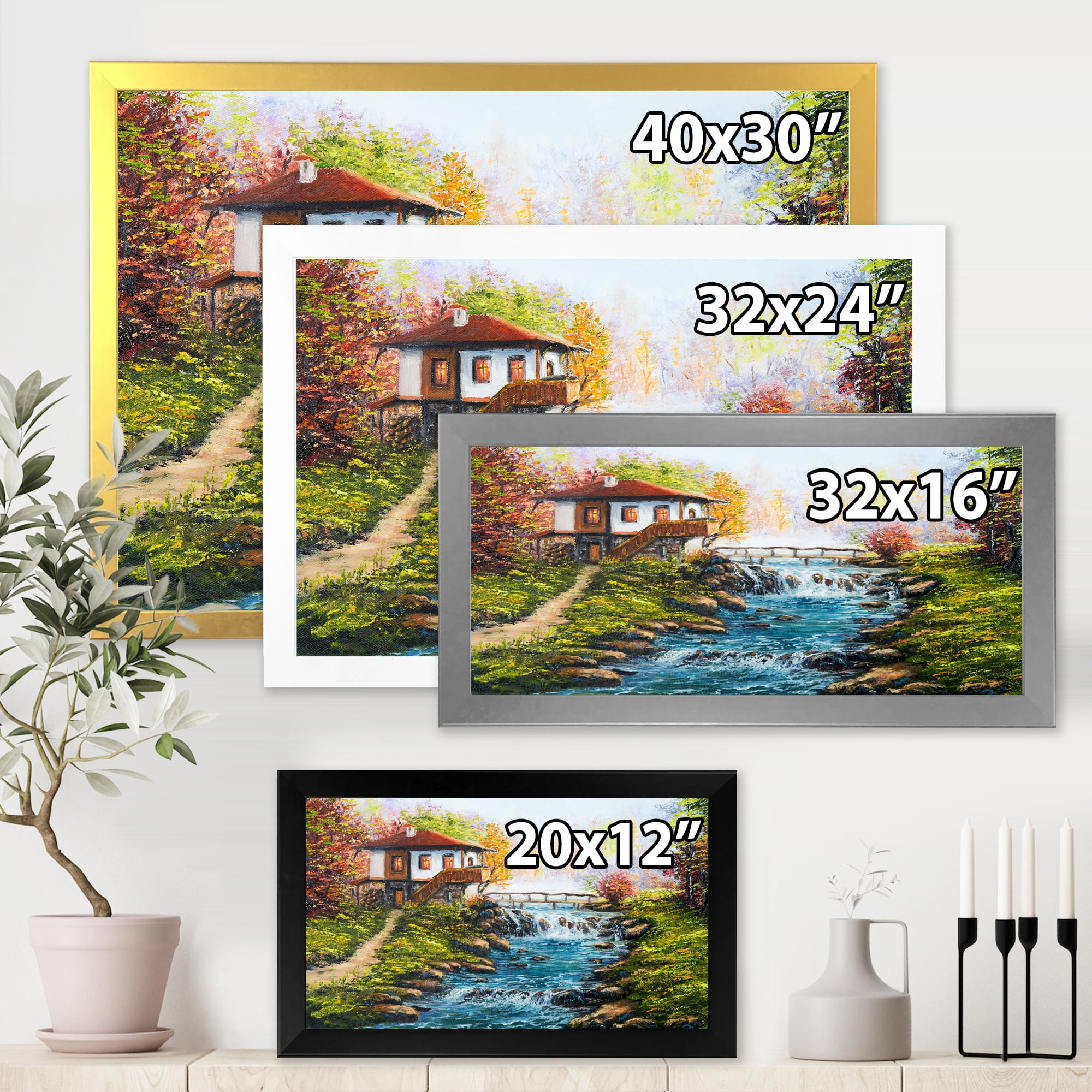 Designart 'Traditional Bulgarian River and House' Lake House Framed Art Print