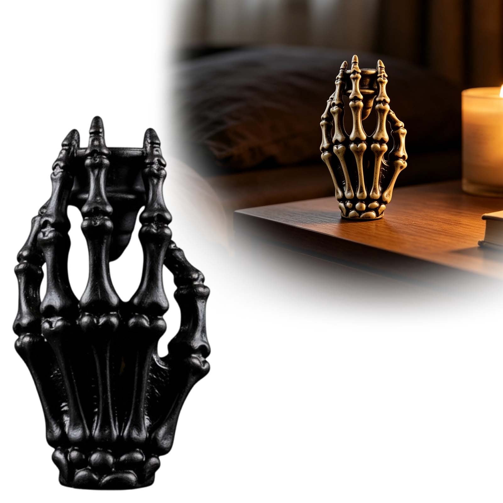 Halloween Resin Skeleton Hand Candle Holder Vintage Bone Style Gothic Tealight Candlestick Spooky Decorative Tabletop Ornament for Home Bedroom Bar Counter and Halloween Theme Party Decoration