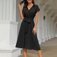 thumbnail image 2 of JGGSPWM Womens Casual Midi Dresses Solid Color V Neck Short Sleeve Button Shirt Belted Dress with Pockets for Spring Summer Black M, 2 of 8