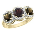 thumbnail image 1 of 14K Yellow Gold Natural Garnet & Smoky Topaz Sides Round 3-stone Ring Diamond Accents, size 6.5, 1 of 2