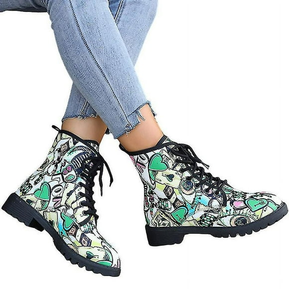 Womens Combat Boots Floral Ankle Boots Womens Non Slip Lug Sole Boots Outdoor