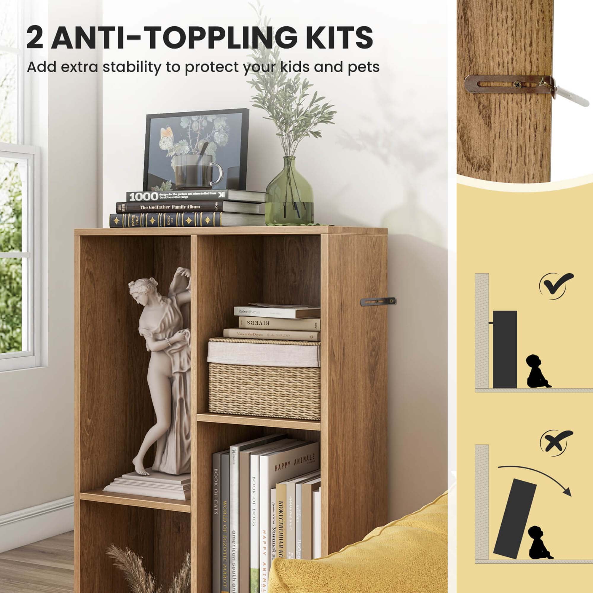Costway 5-Cube Bookcase for Kids 41" Wooden Toy Storage Organizer for Kid's Room Natural