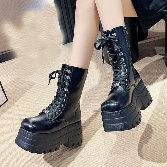 BLTIBY Womens Ankle Boots Gothic Lace Up Leather Chunky-hooled Boot Side Zipper Mid Calf Riding Booties Black 37